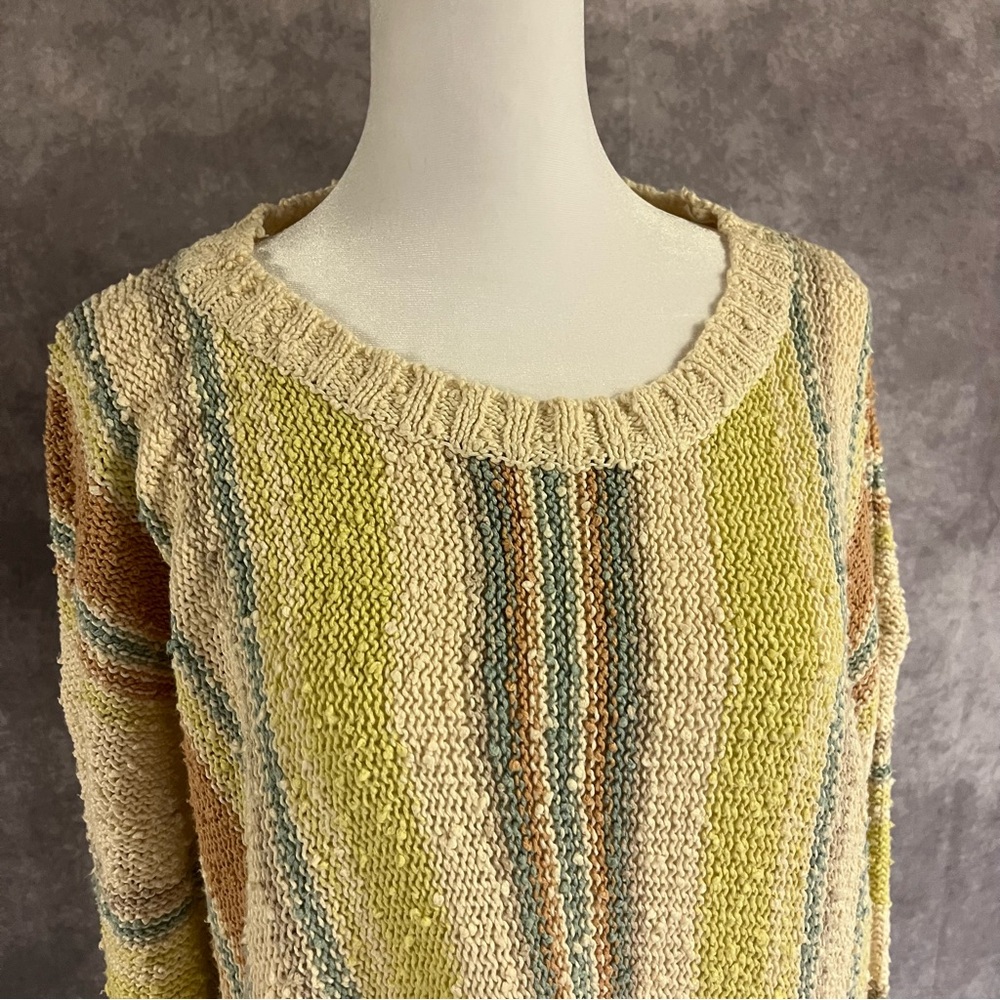 Hem & Thread Earthy Tones Striped Sweater L Boho Festival LIghtweight Textured - Picture 2 of 11